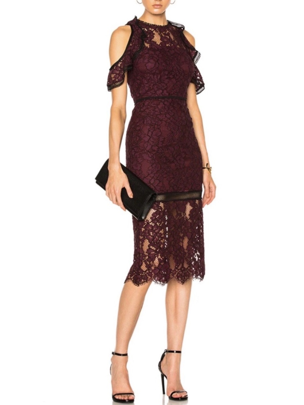 Alexis Evie Lace Midi Dress Burgundy Cold Shoulder Flutter Sleeve Wedding Guest